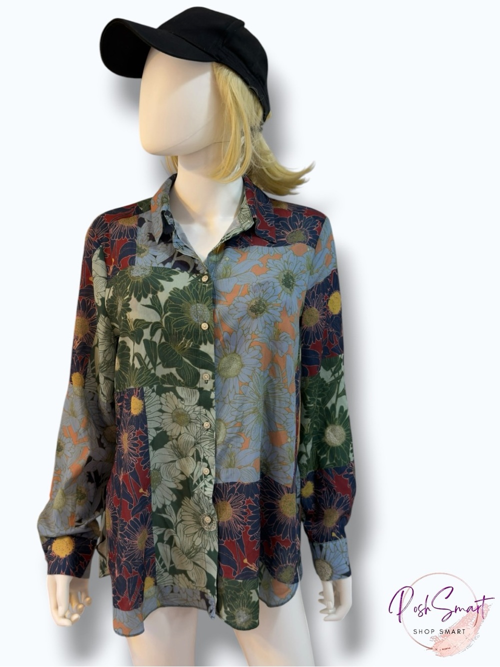 Rose + Olive Patchwork Floral Button-Down Blouse | Size M